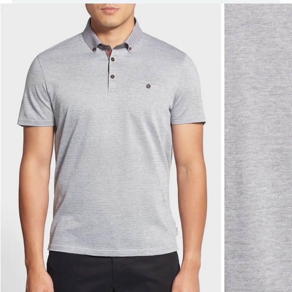 Ted Baker Mens Tilnor Oxford Polo Checked Collar Trim Fit Gray Sz 4 Large - Picture 1 of 15
